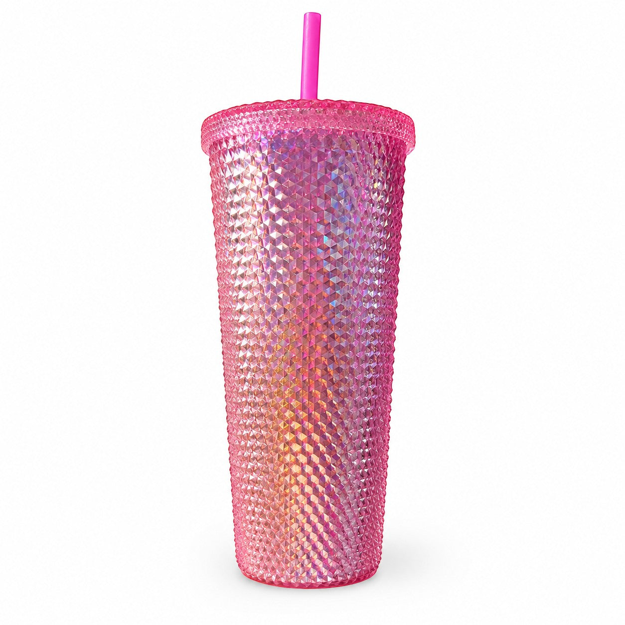 Tap2Own pink iridescent diamond studded tumbler with straw. Textured plastic, BPA-free, 24oz capacity.