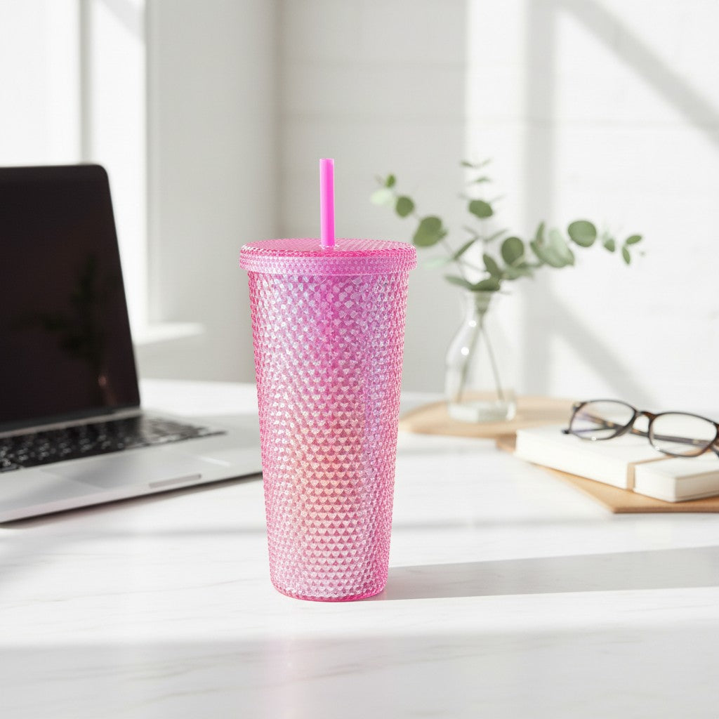 Tap2Own pink diamond studded tumbler with straw, BPA-free plastic, textured surface, screw-on lid. Ideal for cold beverages.