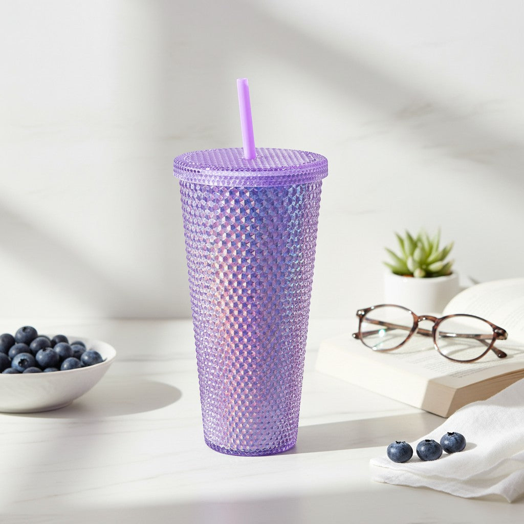 Tap2Own iridescent purple diamond studded tumbler with straw, BPA-free plastic, 24oz capacity, secure lid, textured grip.