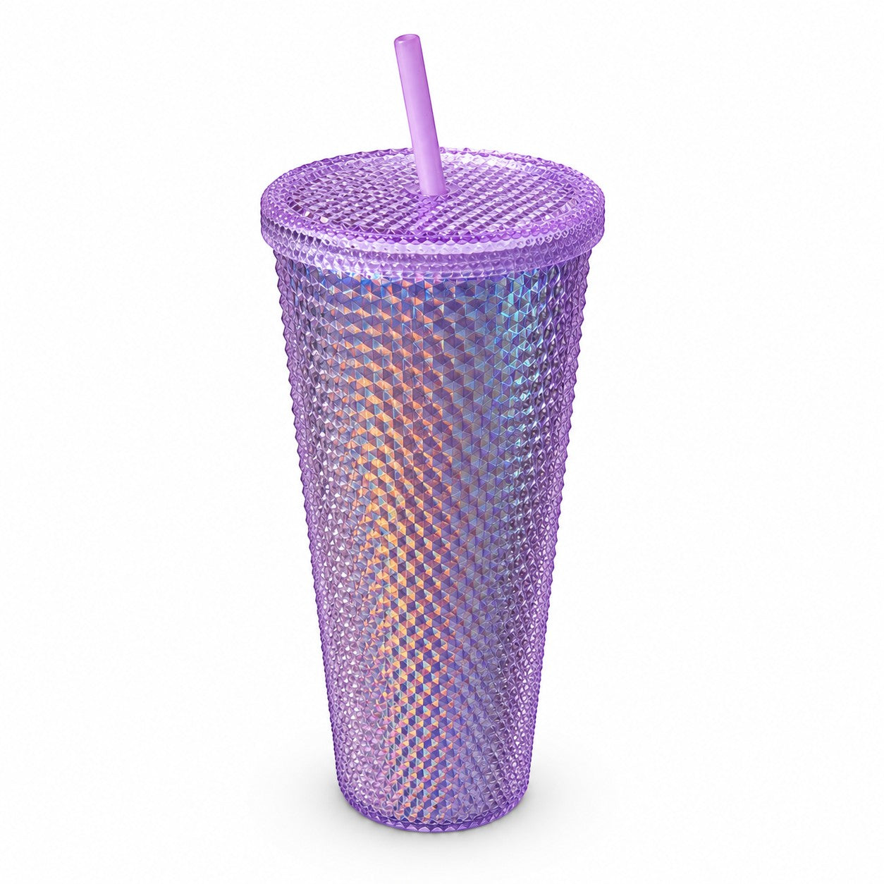Tap2Own Diamond Studded Tumbler with straw, iridescent purple, BPA-free plastic, textured diamond-cut design.