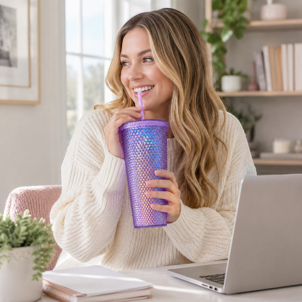 Tap2Own iridescent purple diamond studded tumbler with straw, BPA-free plastic, screw-on lid, for cold beverages.