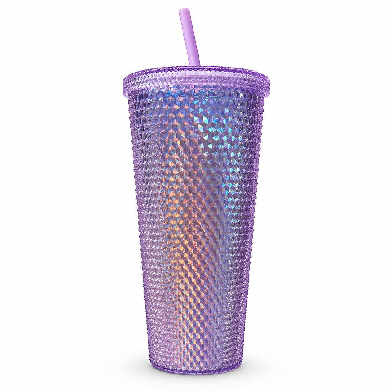 Tap2Own iridescent purple diamond studded tumbler with straw. Durable BPA-free plastic with textured surface.