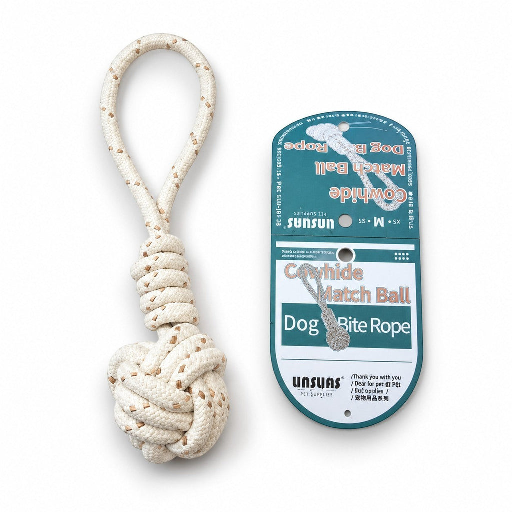 Tap2Own beige and brown braided rope dog chew toy with knotted ball end and loop handle.