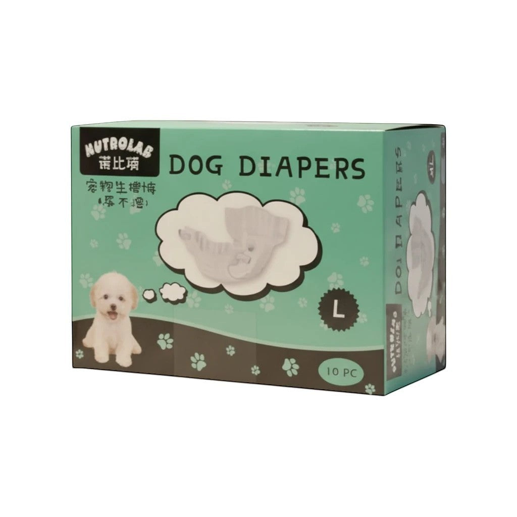 Tap2Own Nutrolab Dog Diapers, size L, 10 count. Features a white puppy illustration and a cloud graphic showing a diaper.
