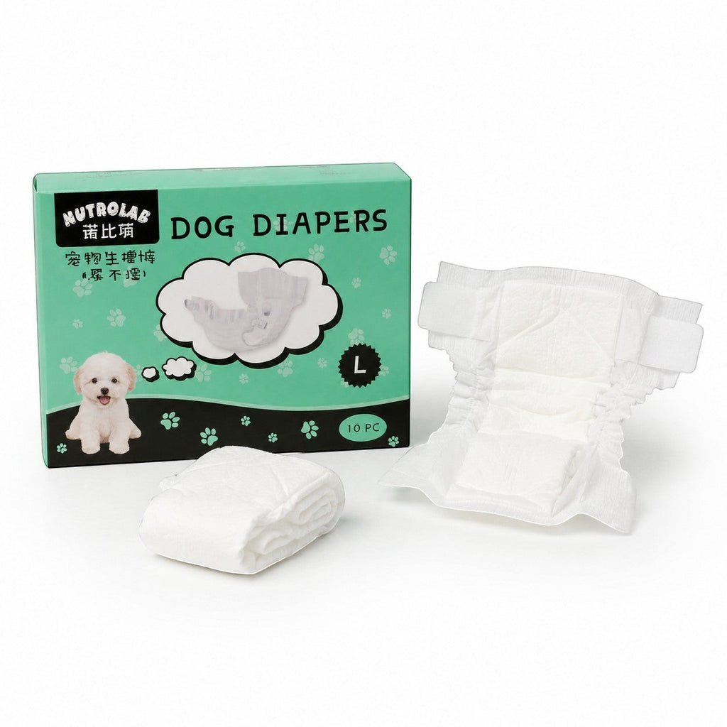 Tap2Own Nutrolab Dog Diapers, size L, white, disposable, breathable, leak-proof for pet hygiene.