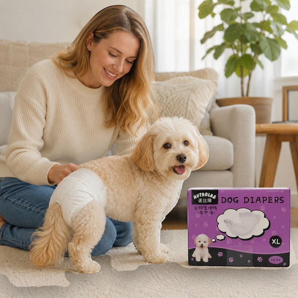 Tap2Own Nutrolab white dog diapers on a light brown dog, with a woman kneeling beside it.