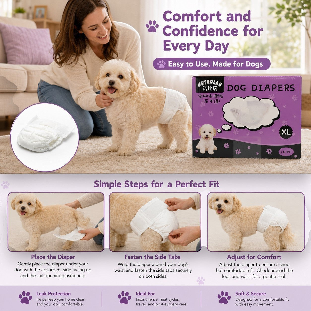 Tap2Own white dog diapers for pet hygiene, XL size, 10 count, on a fluffy dog with a woman petting it.