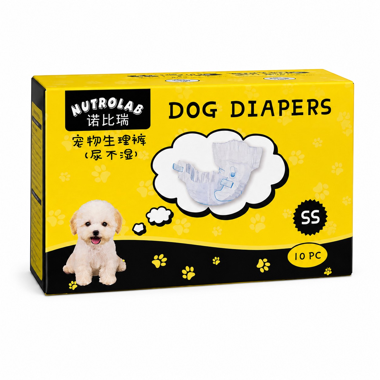 Tap2Own Nutrolab Dog Diapers, size SS, 10 count. Features a white fluffy dog and a diagram of a disposable diaper.