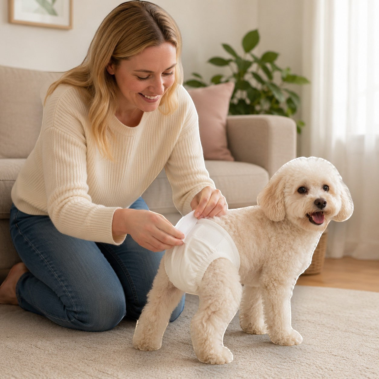 Tap2Own white dog diapers on a small, fluffy white dog being secured by a smiling woman in a cream sweater and jeans.