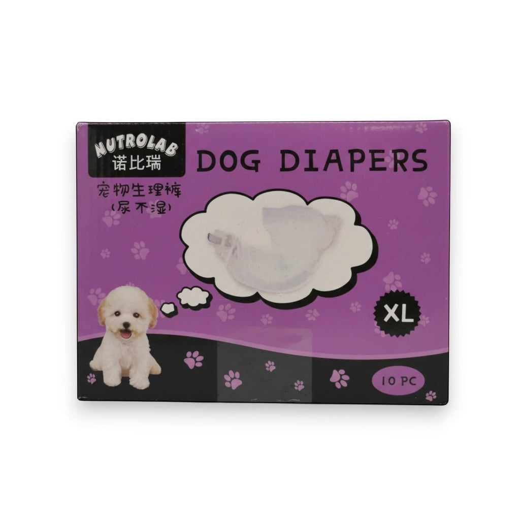 Tap2Own Nutrolab Dog Diapers XL size, 10 count. Features a cute white dog illustration and a cloud graphic of a diaper.