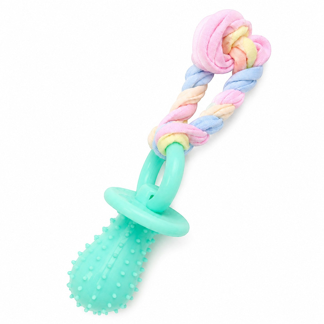 Tap2Own Nobleza dog pacifier toy with pastel rope and textured mint green chew end.