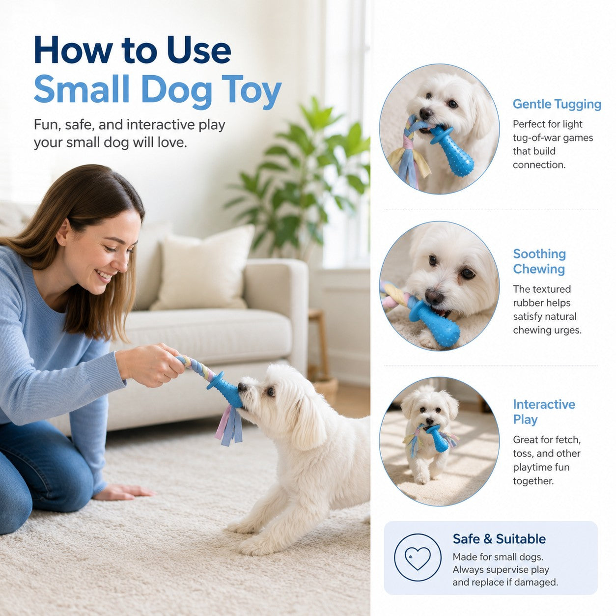 Tap2Own blue silicone dog pacifier toy with rope and ring for interactive play and chewing.