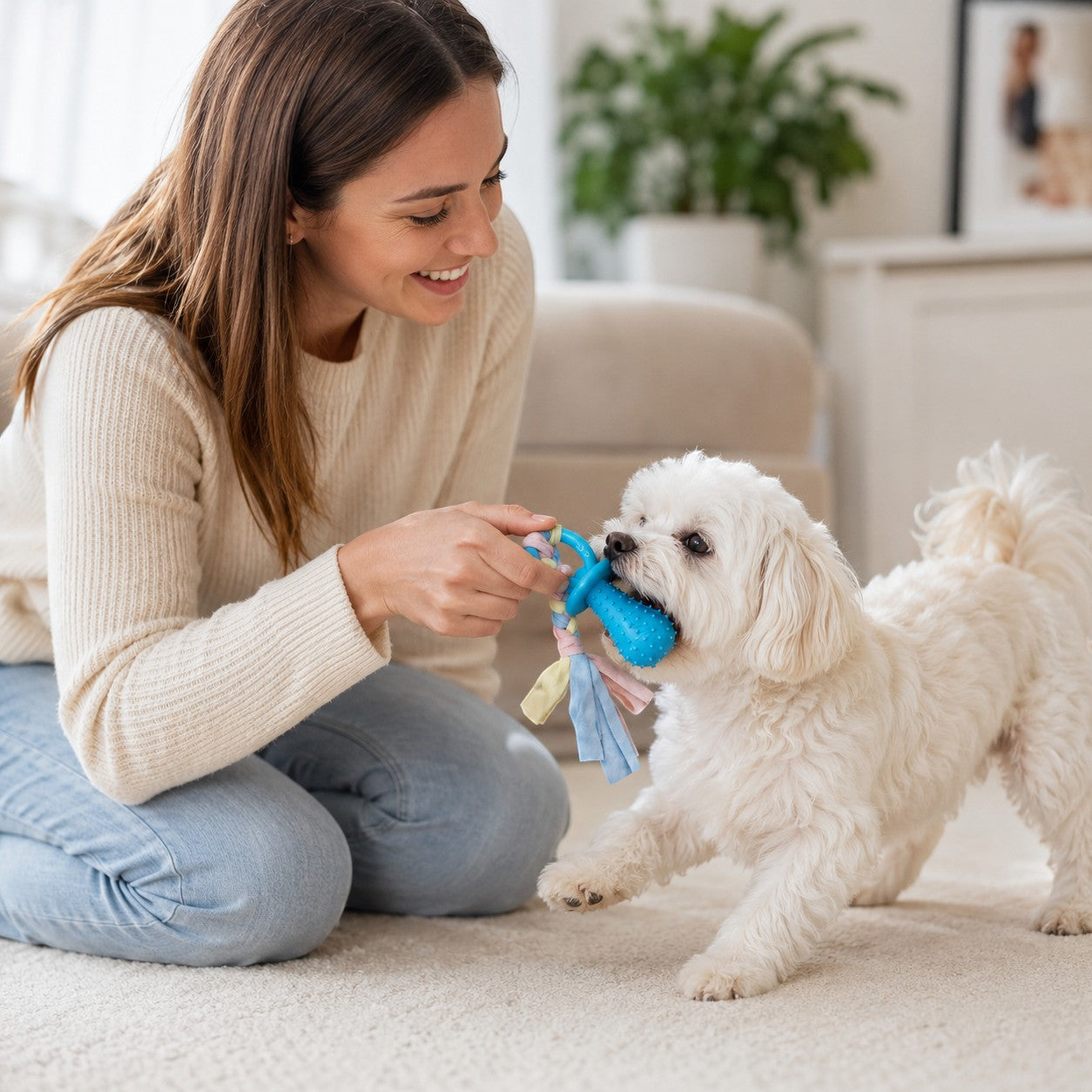 Tap2Own blue silicone dog pacifier toy with rope and ring, a white dog plays tug-of-war with a woman.