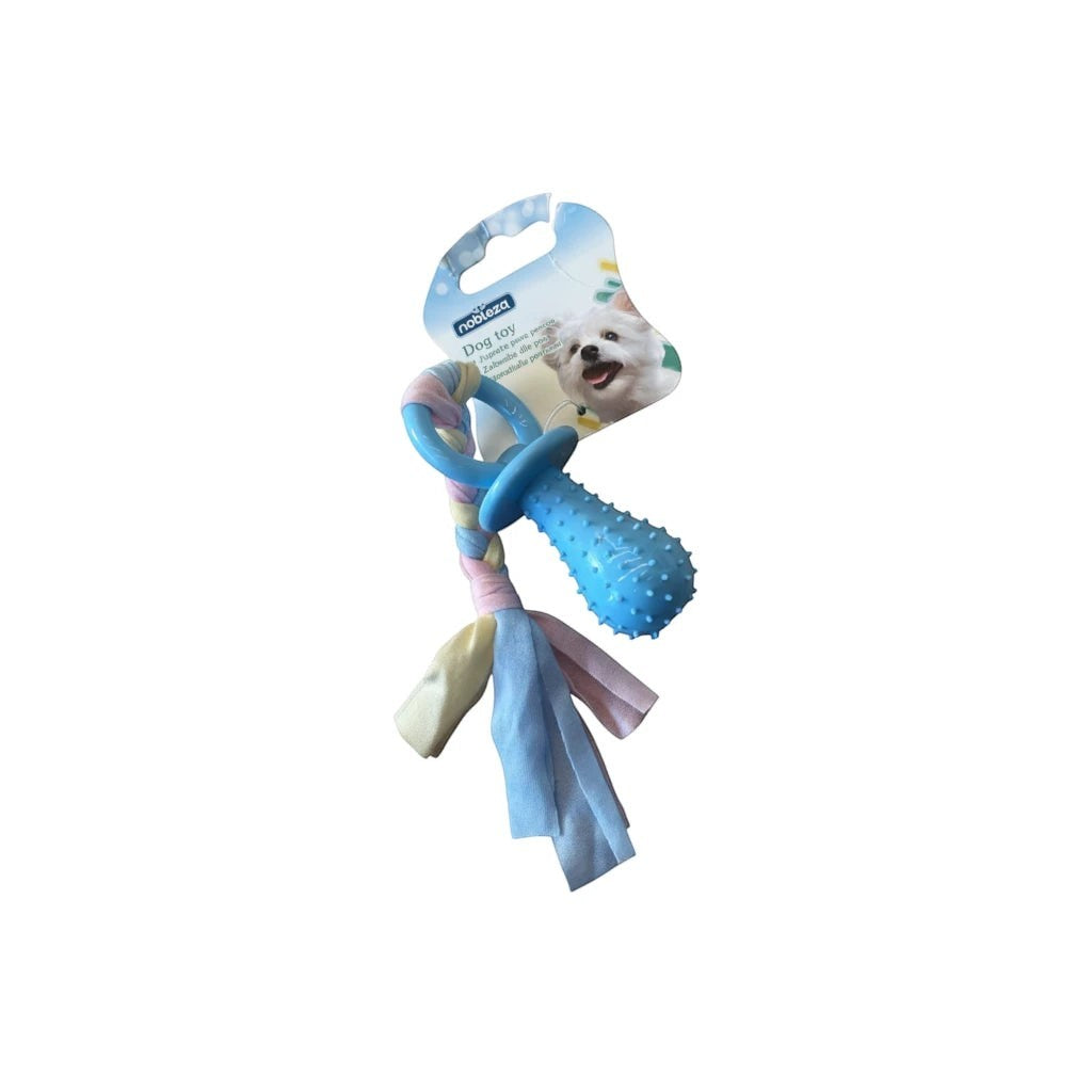 Tap2Own blue silicone dog pacifier toy with textured nubs and a pastel braided rope for tugging and chewing.