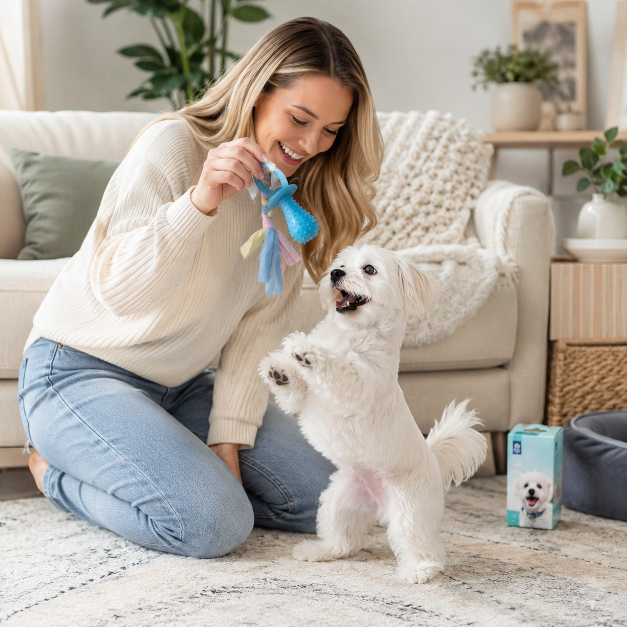 Tap2Own blue silicone dog pacifier toy with pastel fabric tassels and ring for interactive play and dental hygiene.