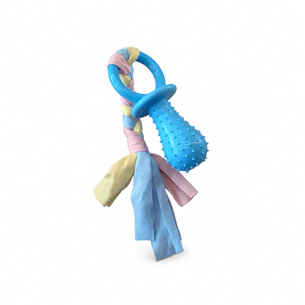 Tap2Own blue silicone dog pacifier toy with textured nubs and a braided pastel rope ring for interactive play.