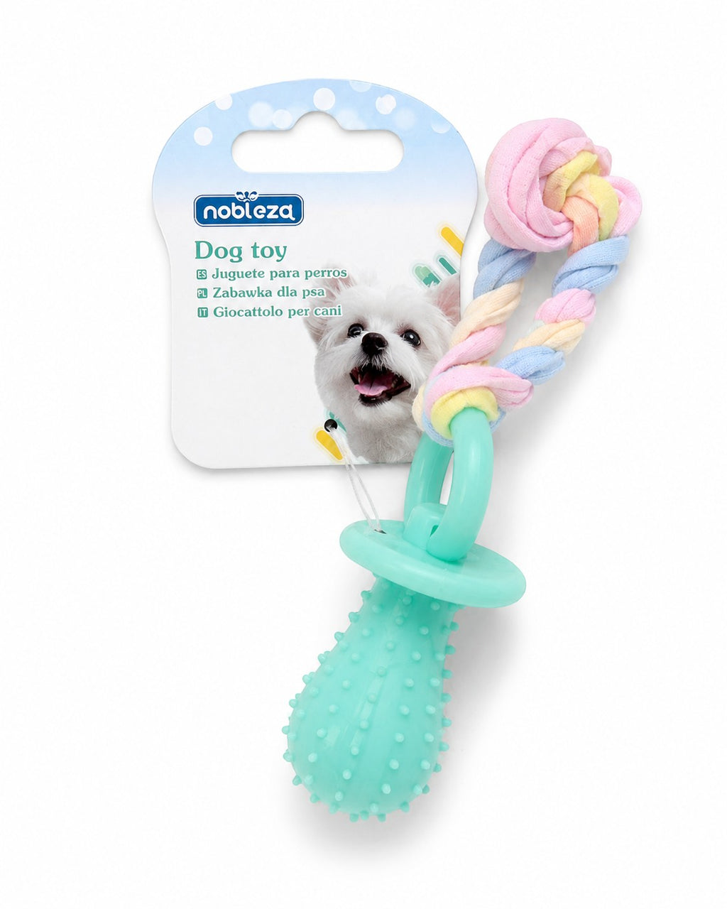 Tap2Own dog pacifier toy with rope and ring in pastel colors, made of silicone and fabric, for chewing and tugging.