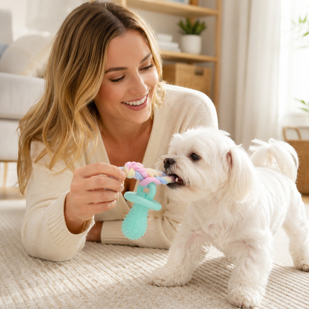Tap2Own pastel dog pacifier toy with rope and ring, a woman plays tug-of-war with her white Maltese dog.