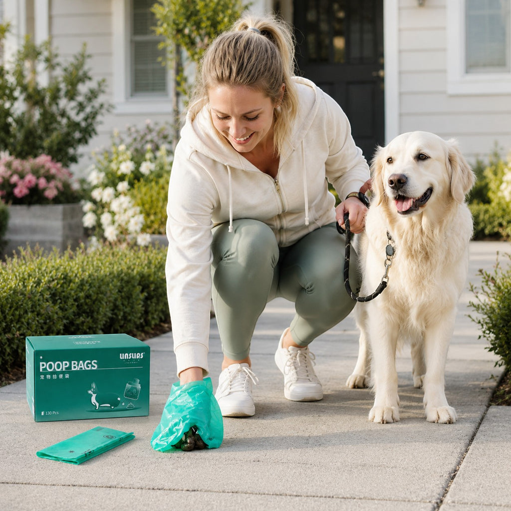 Tap2Own green dog poop bags, 130 count, leak-proof and tear-resistant, essential for pet owners.