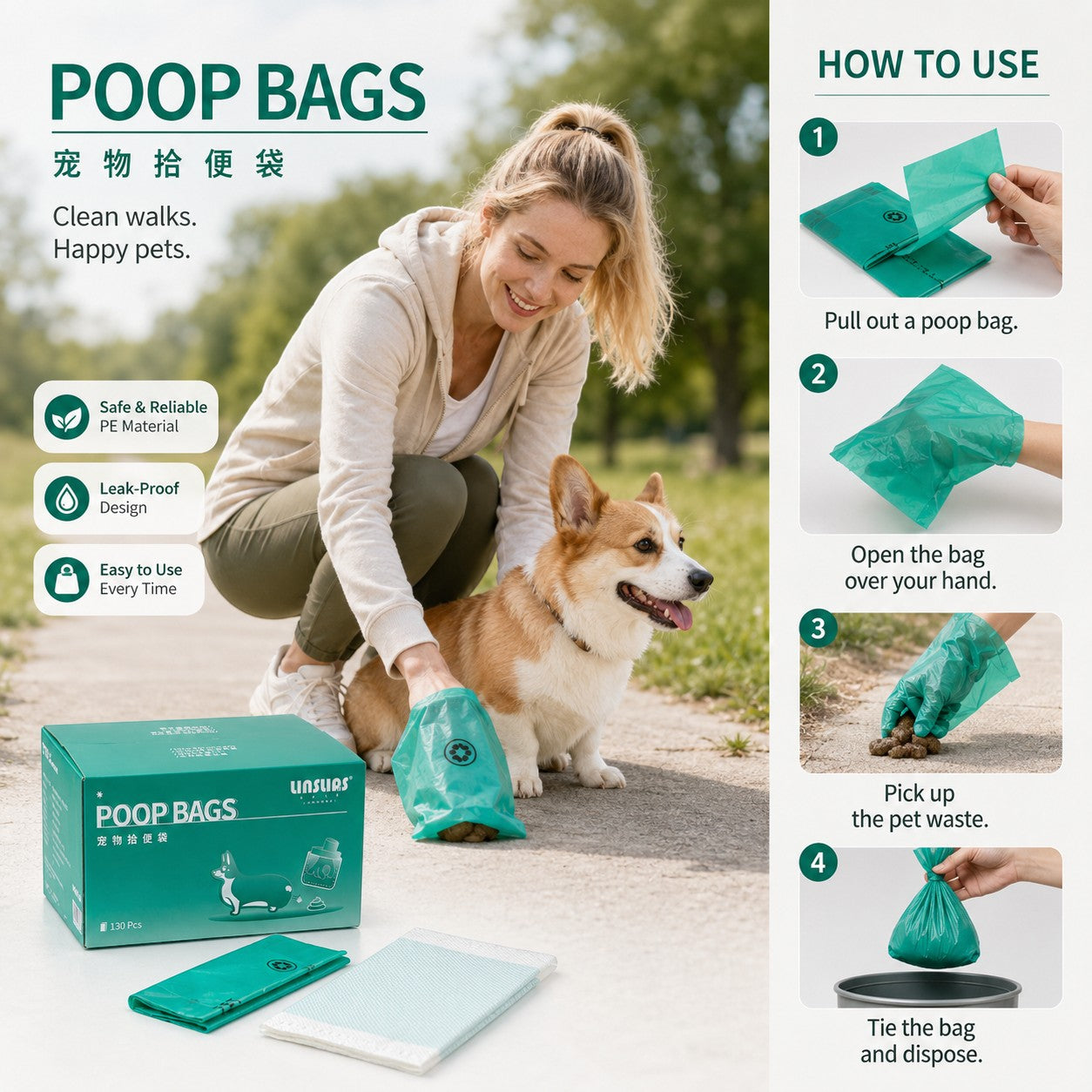 Tap2Own green PE poop bags for dogs, leak-proof and easy to use, shown with a woman and corgi.