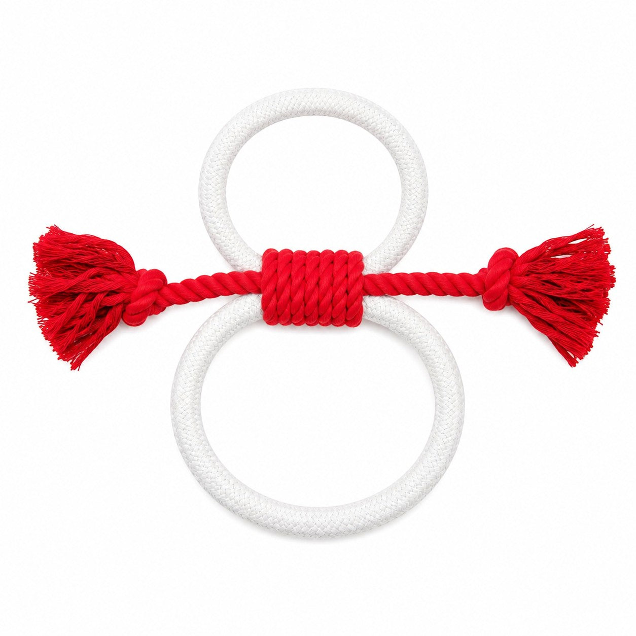 Tap2Own white and red figure-eight dog rope toy with tassels, ideal for tug-of-war and chewing.