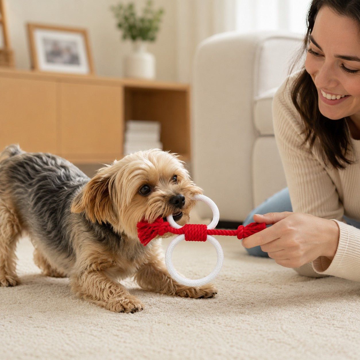Tap2Own red and white figure-eight dog rope toy with two rings, held by a woman and a Yorkshire Terrier.