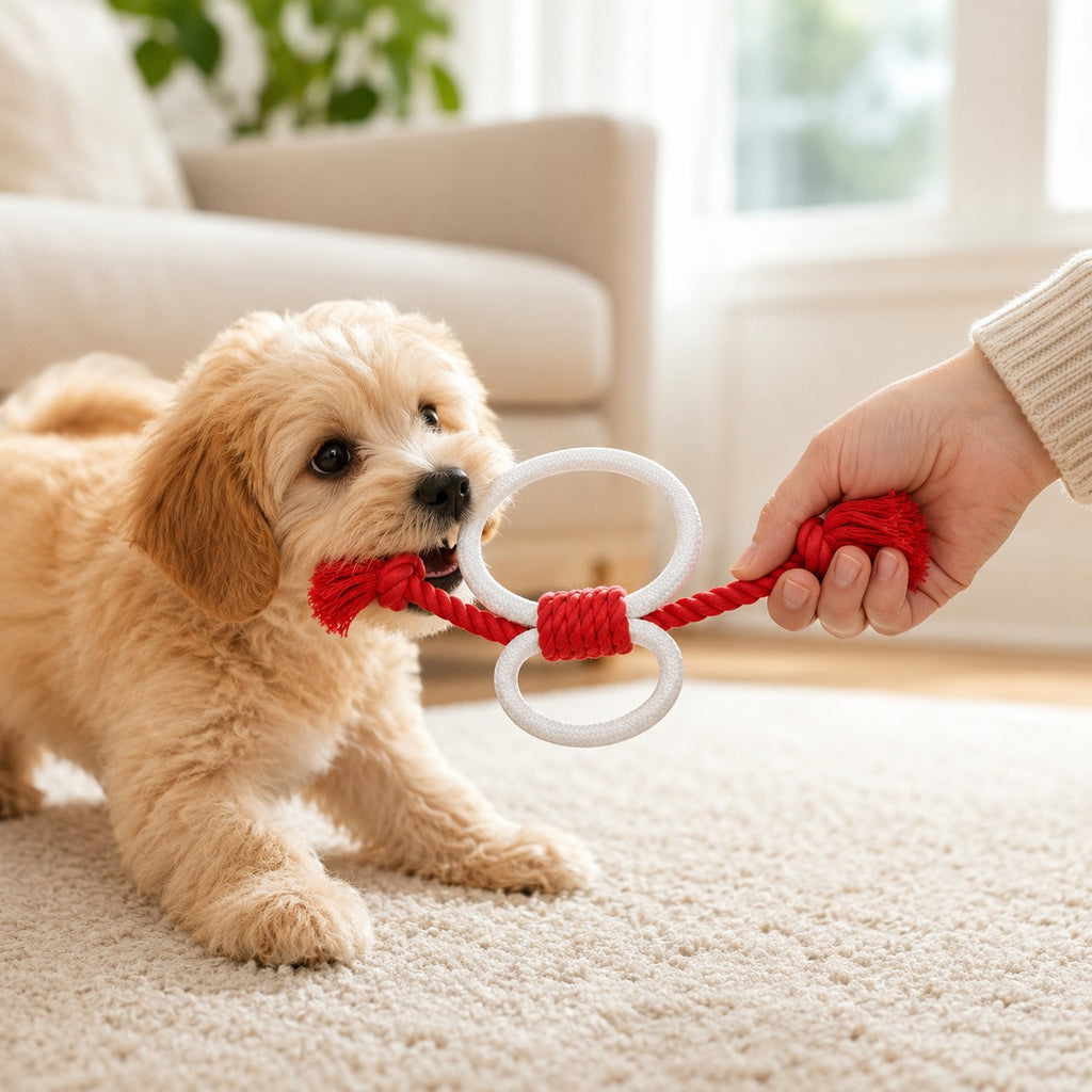 Tap2Own red and white figure-eight dog rope toy with two rings, held by a person and chewed by a puppy.