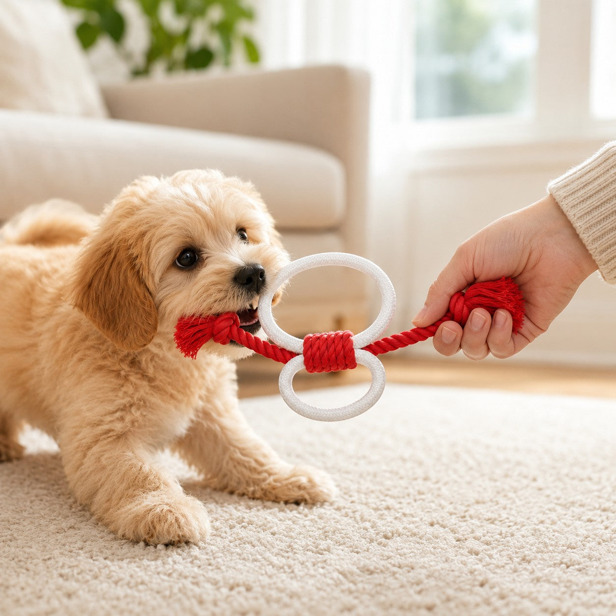 Tap2Own red and white figure-eight dog rope toy with two rings, held by a person and chewed by a puppy.