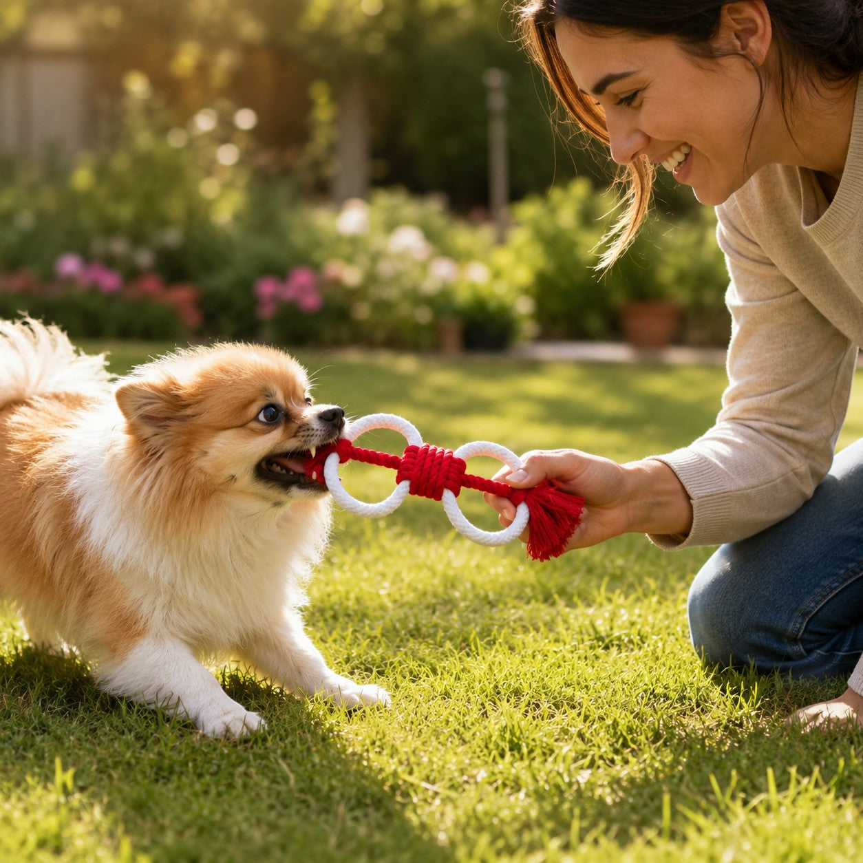 Tap2Own red and white figure-eight dog rope toy being played with by a small dog and a woman in a garden.
