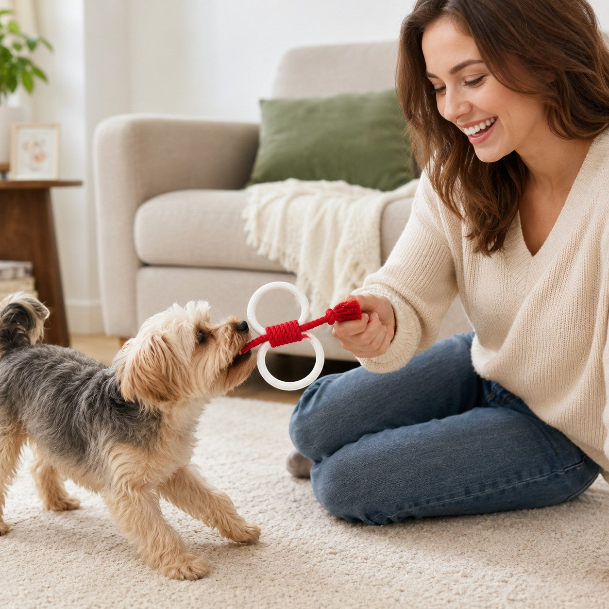 Tap2Own red and white figure-eight dog rope toy with two rings, being played with by a woman and a small dog.