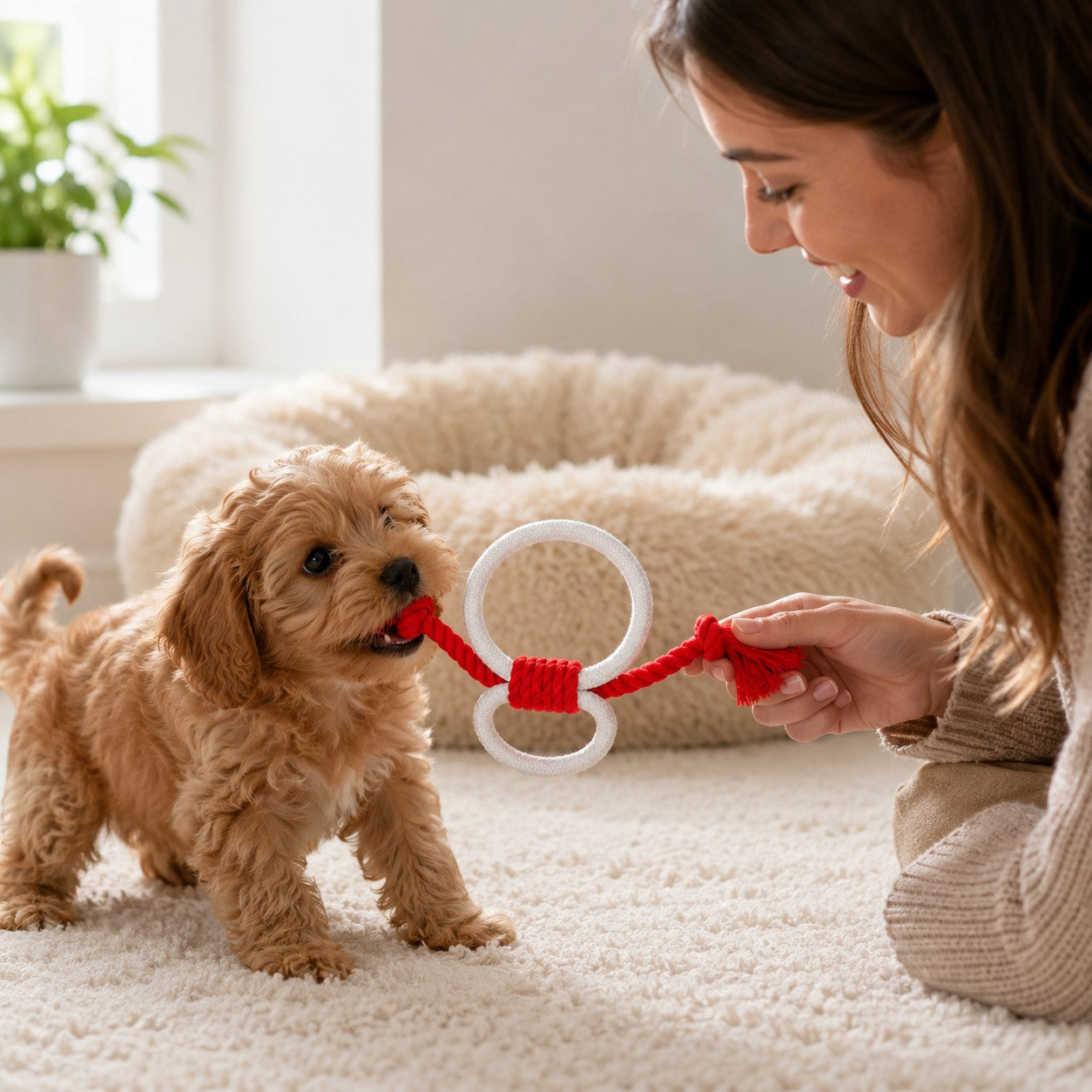 Tap2Own red and white figure-eight dog rope toy with two rings, held by a woman playing with a puppy.