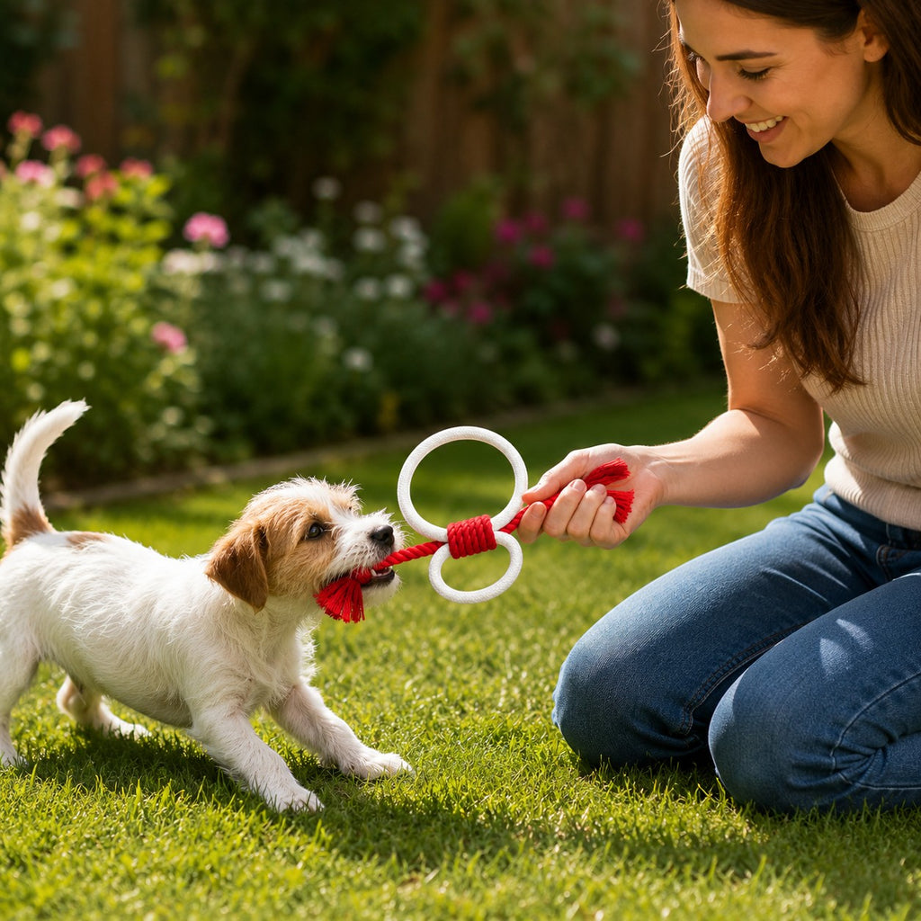 Tap2Own red and white figure-eight dog rope toy with two rings, being played with by a Jack Russell terrier and a woman in a garden.