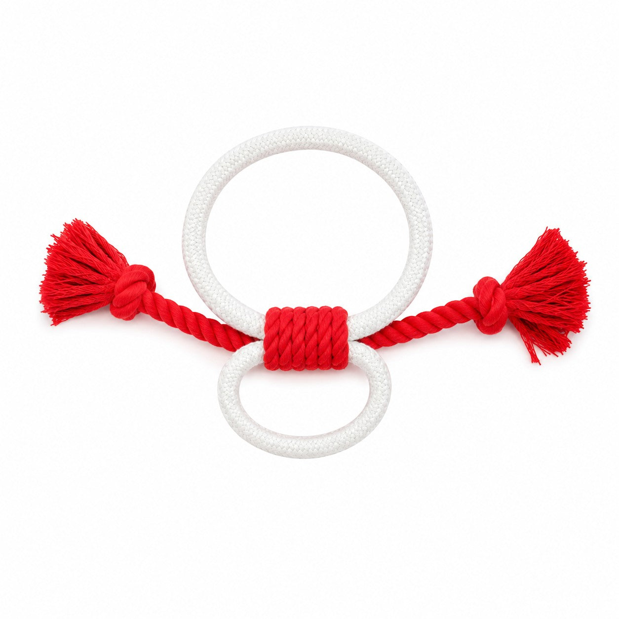 Tap2Own red and white figure-eight dog rope toy with tassels for tugging and chewing.