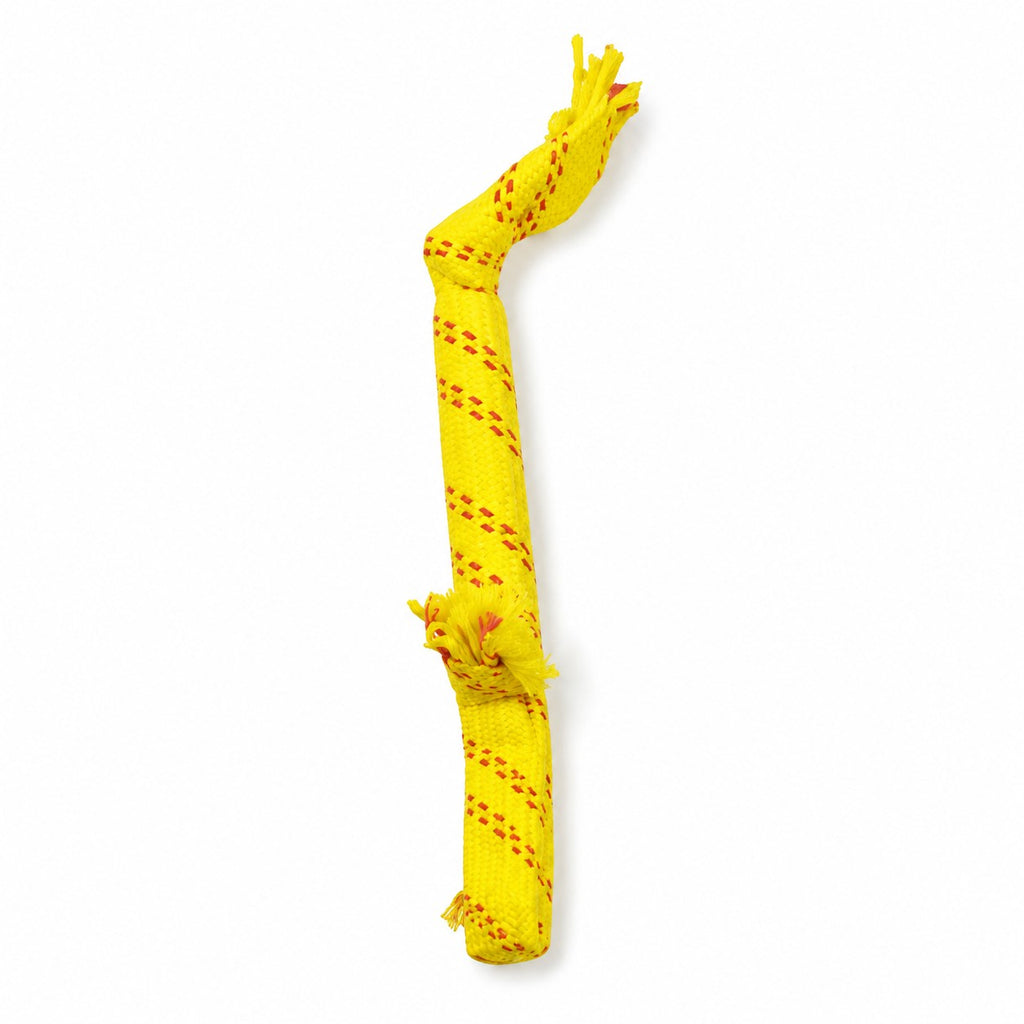 Tap2Own yellow braided cotton dog rope toy with red accents and knotted ends for tug and fetch.
