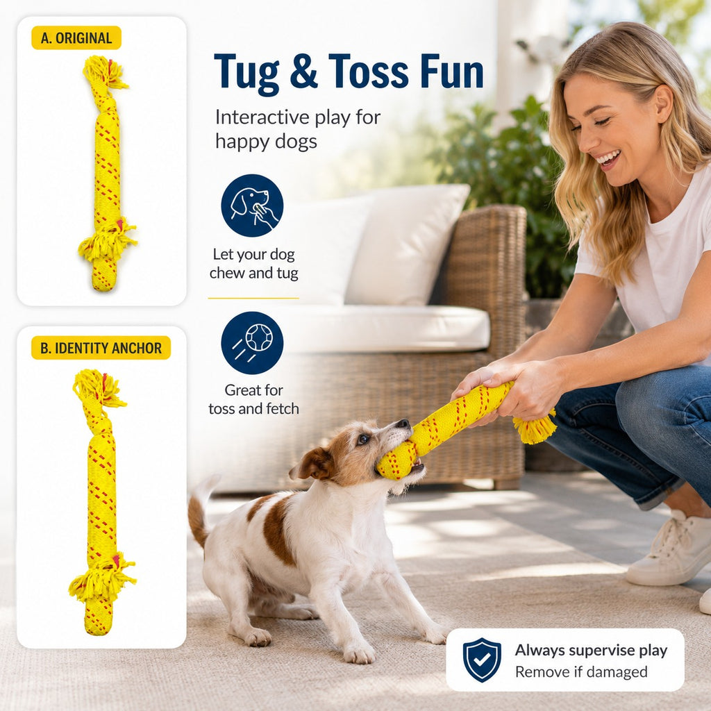 Tap2Own yellow braided cotton dog rope toy with red accents and knotted ends for tug and fetch.