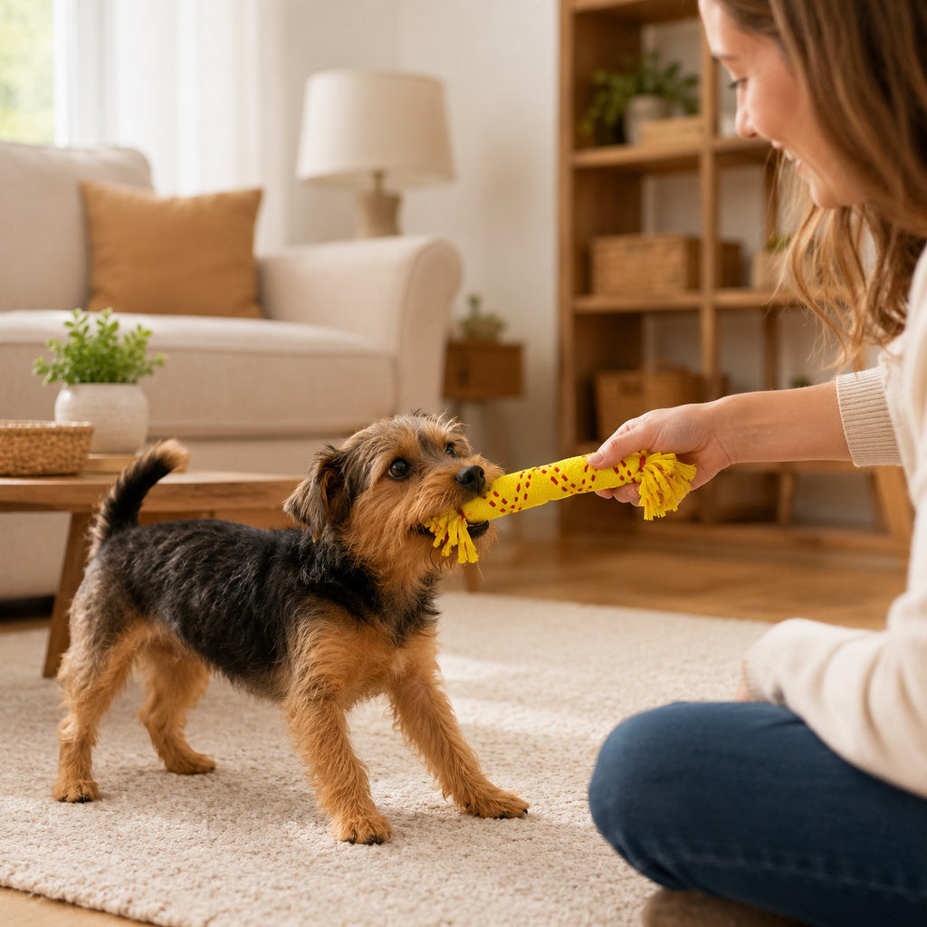 Tap2Own yellow braided cotton dog rope toy with red accents and frayed ends, being played with by a small dog.