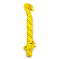 Tap2Own yellow braided cotton dog rope toy with red accents and frayed ends for tug and fetch.