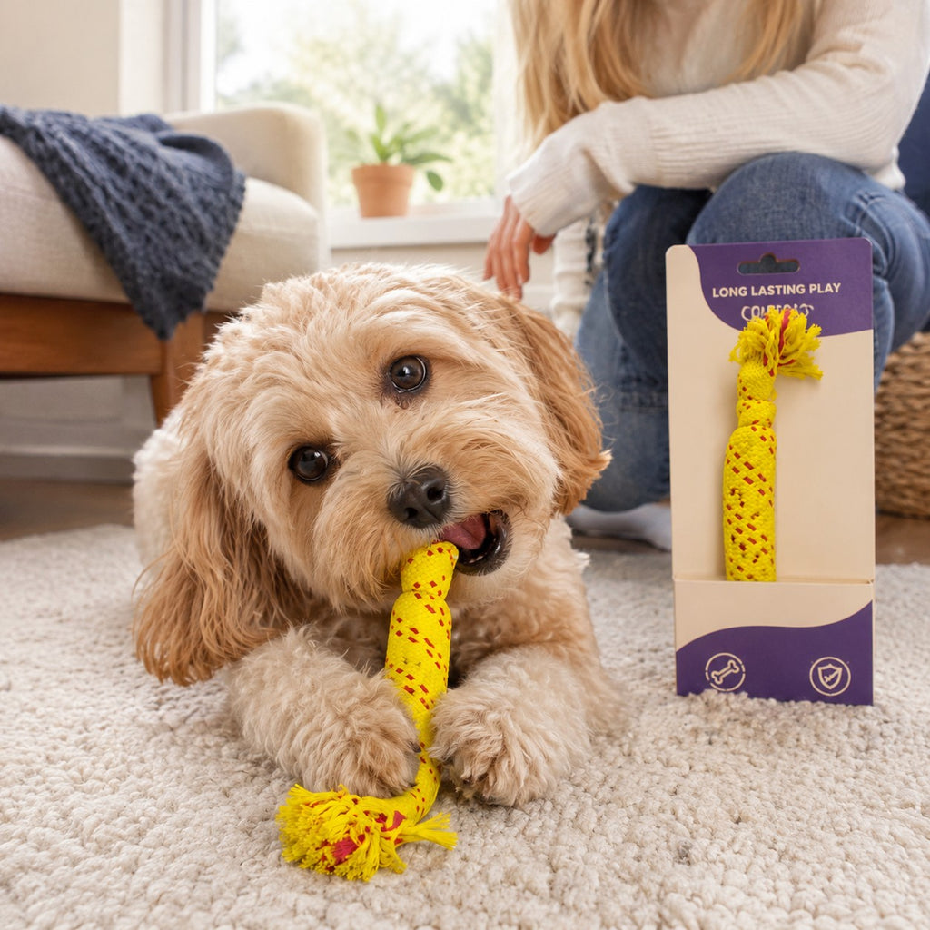 Tap2Own yellow and red braided cotton dog rope toy with knotted ends, being chewed by a small dog.