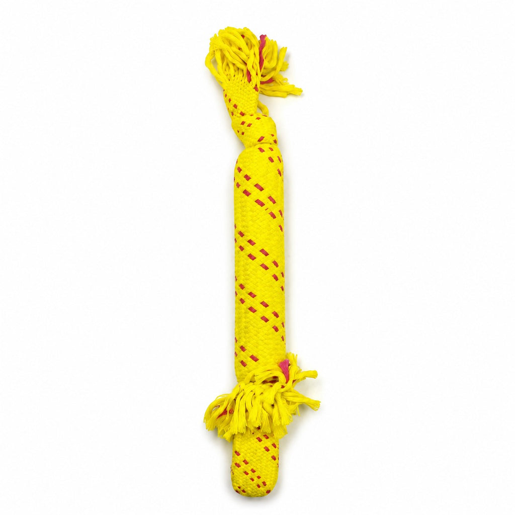 Tap2Own yellow braided cotton dog rope toy with red accents and frayed ends for tug and fetch.