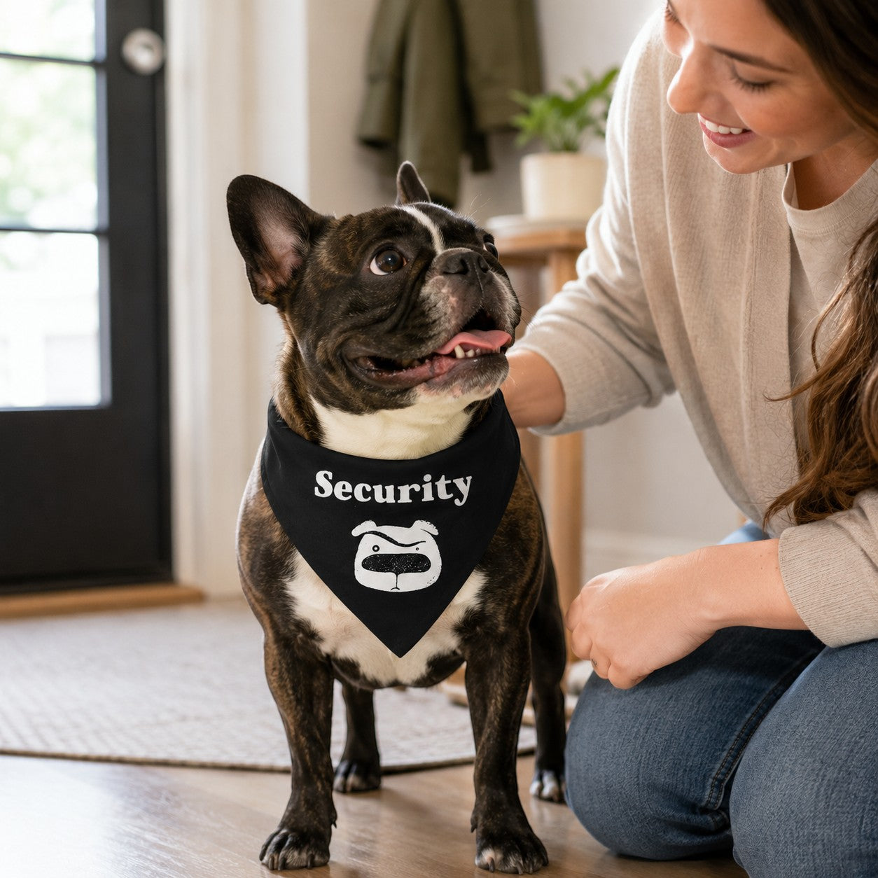 Tap2Own black dog bandana with "Security" graphic and cartoon dog face, on a French Bulldog.