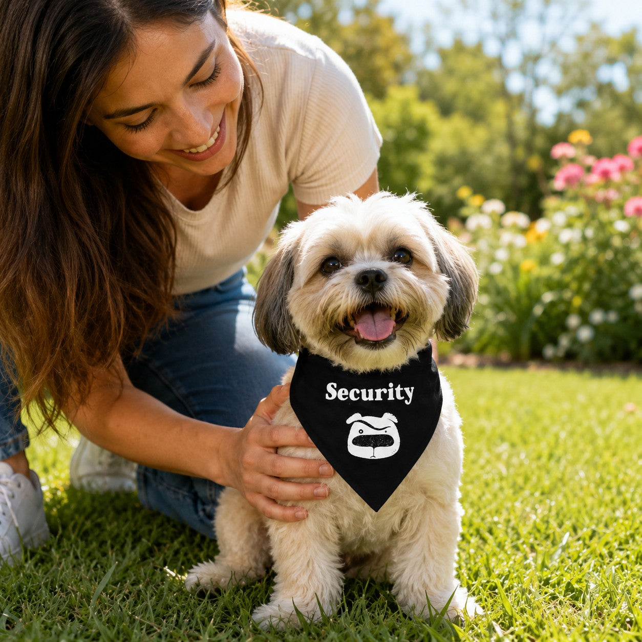 Tap2Own black dog bandana with "Security" graphic and cartoon dog face. Soft, durable fabric.