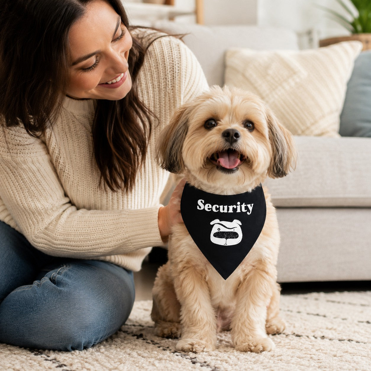 Tap2Own black dog bandana with "Security" graphic and cartoon dog face. A woman pets a small dog wearing the bandana.
