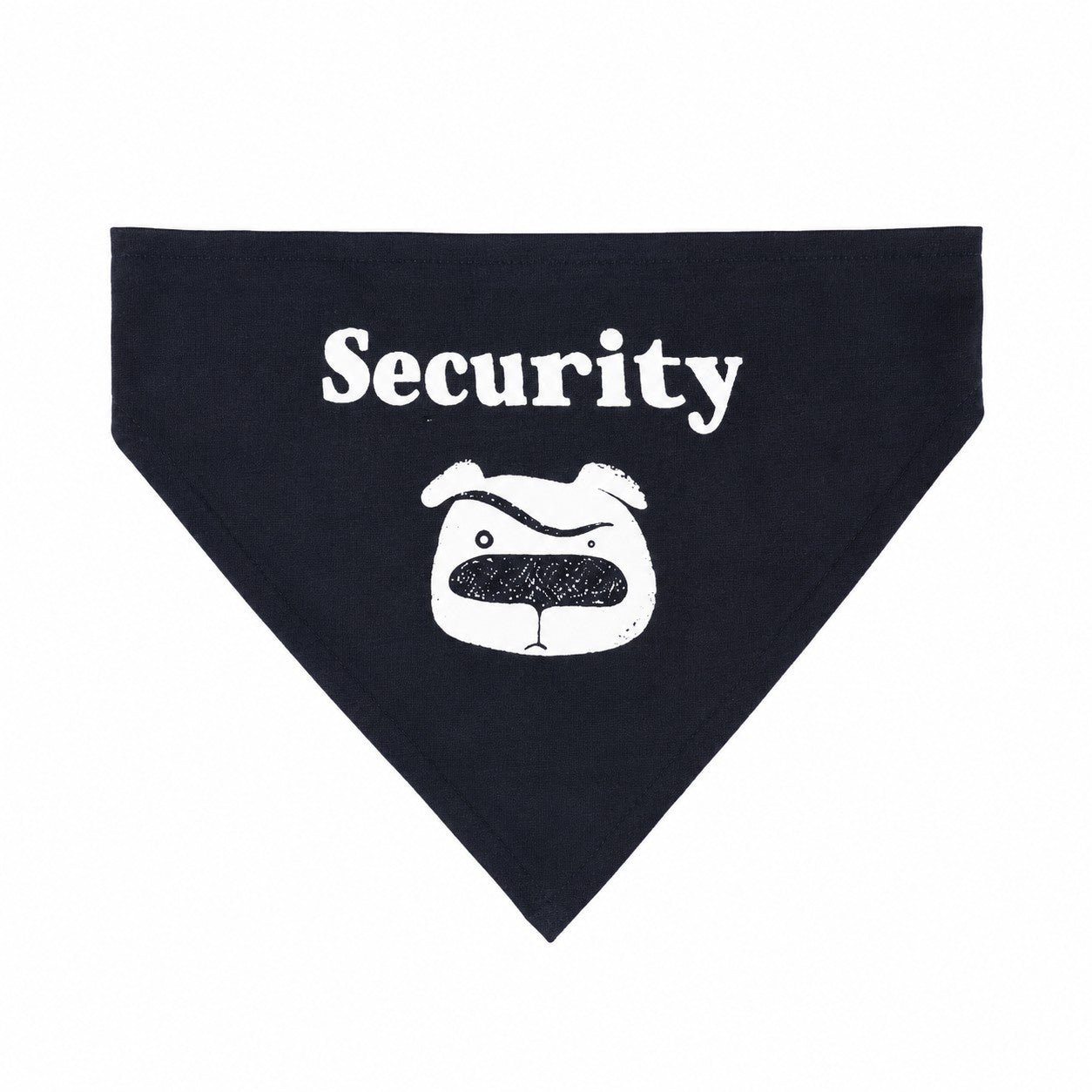 Tap2Own black dog bandana with white "Security" text and cartoon dog face graphic.