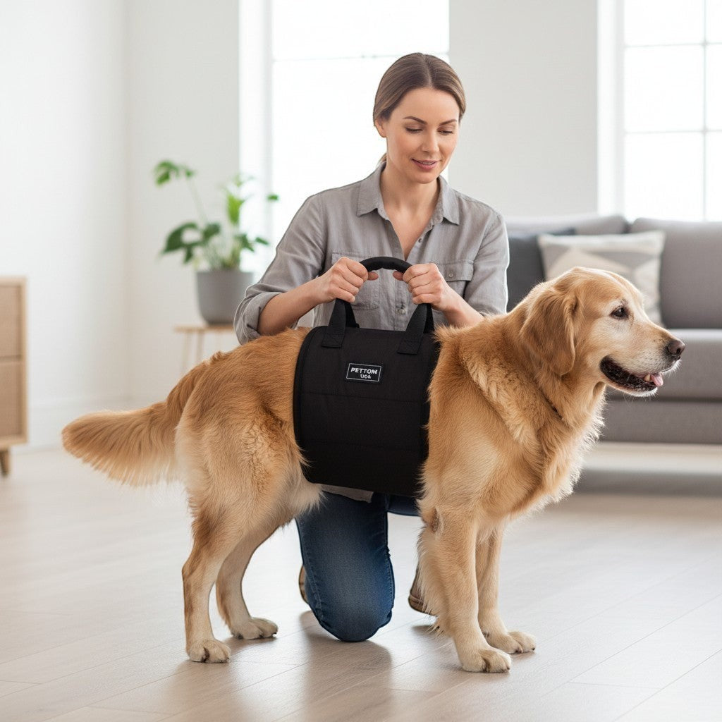 Tap2Own black padded nylon dog support harness with adjustable straps and ergonomic handle for mobility assistance.