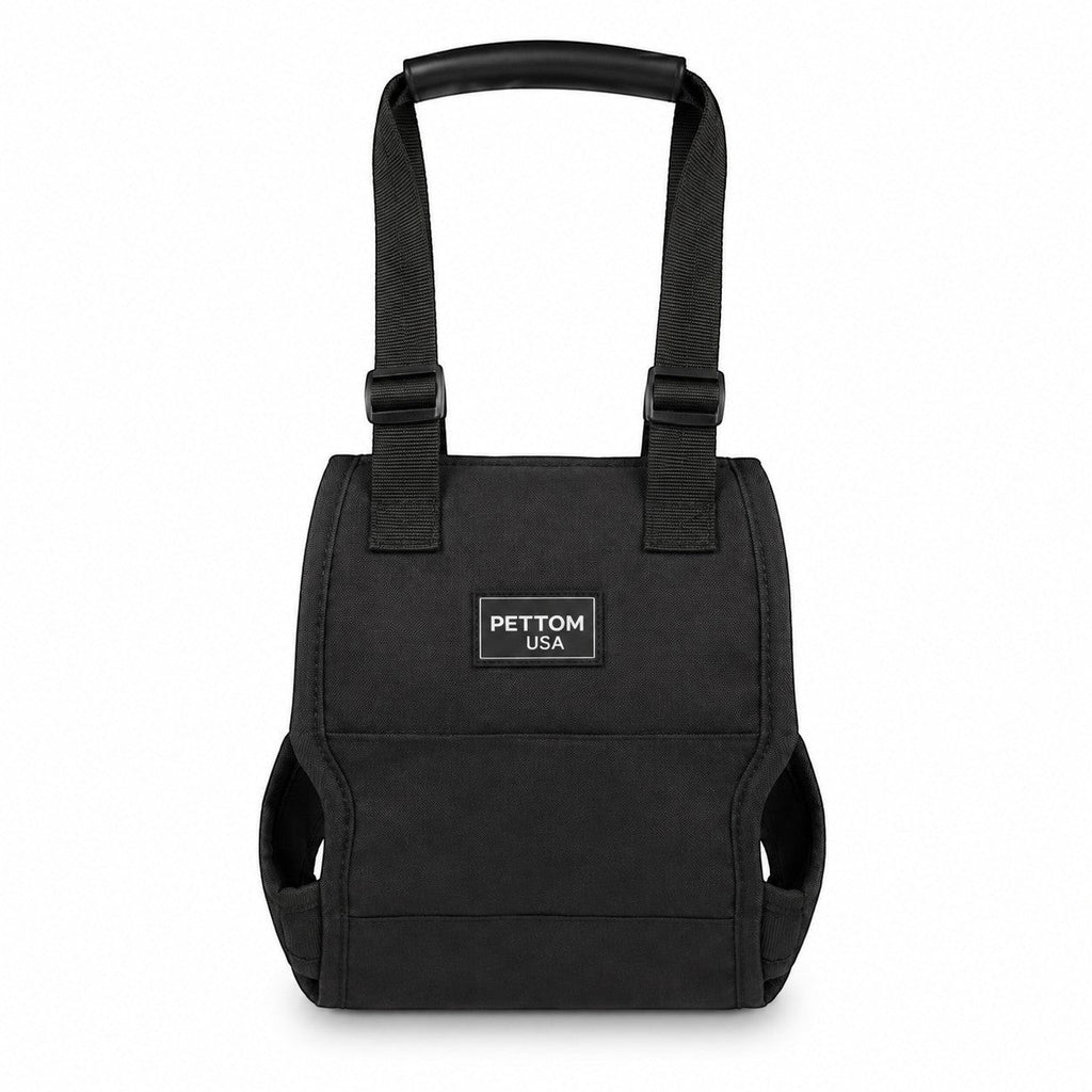 Tap2Own black nylon padded dog support harness with adjustable straps and ergonomic handle for mobility assistance.