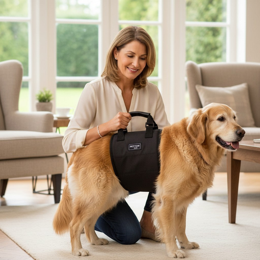 Tap2Own black nylon dog support harness with padded handle, assisting a golden retriever with mobility issues.