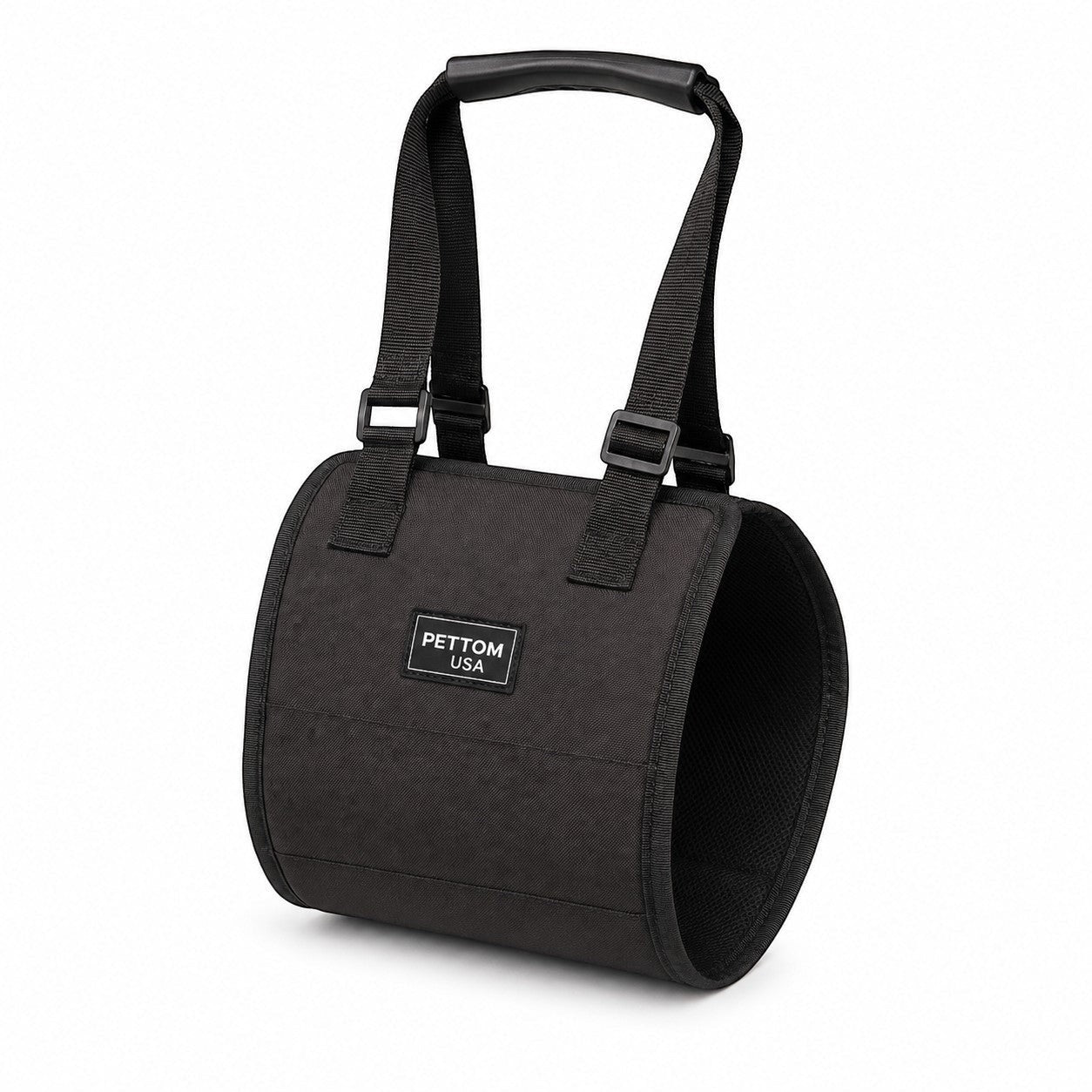 Tap2Own black nylon padded dog support harness with adjustable straps and ergonomic handle for mobility assistance.
