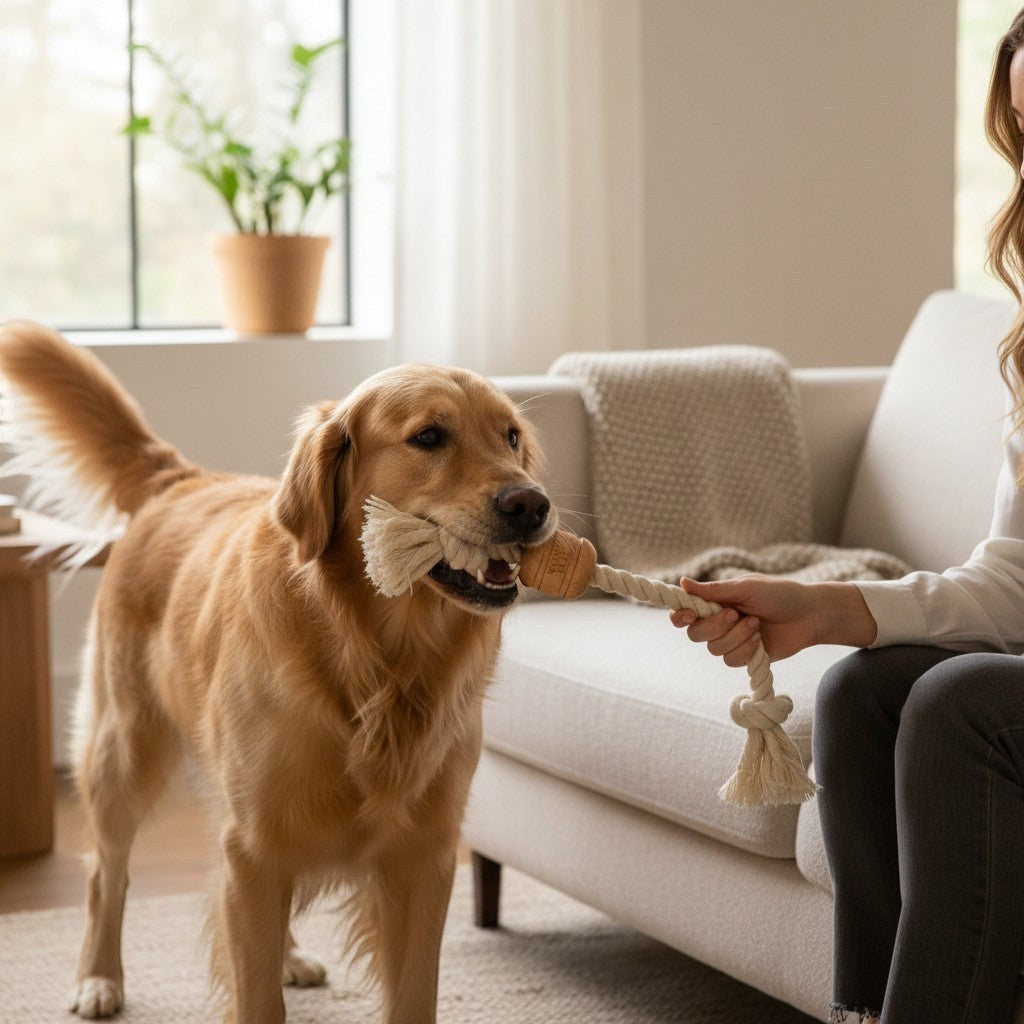 Tap2Own natural wood bead and braided cotton rope dog tug toy held by a golden retriever and a person.