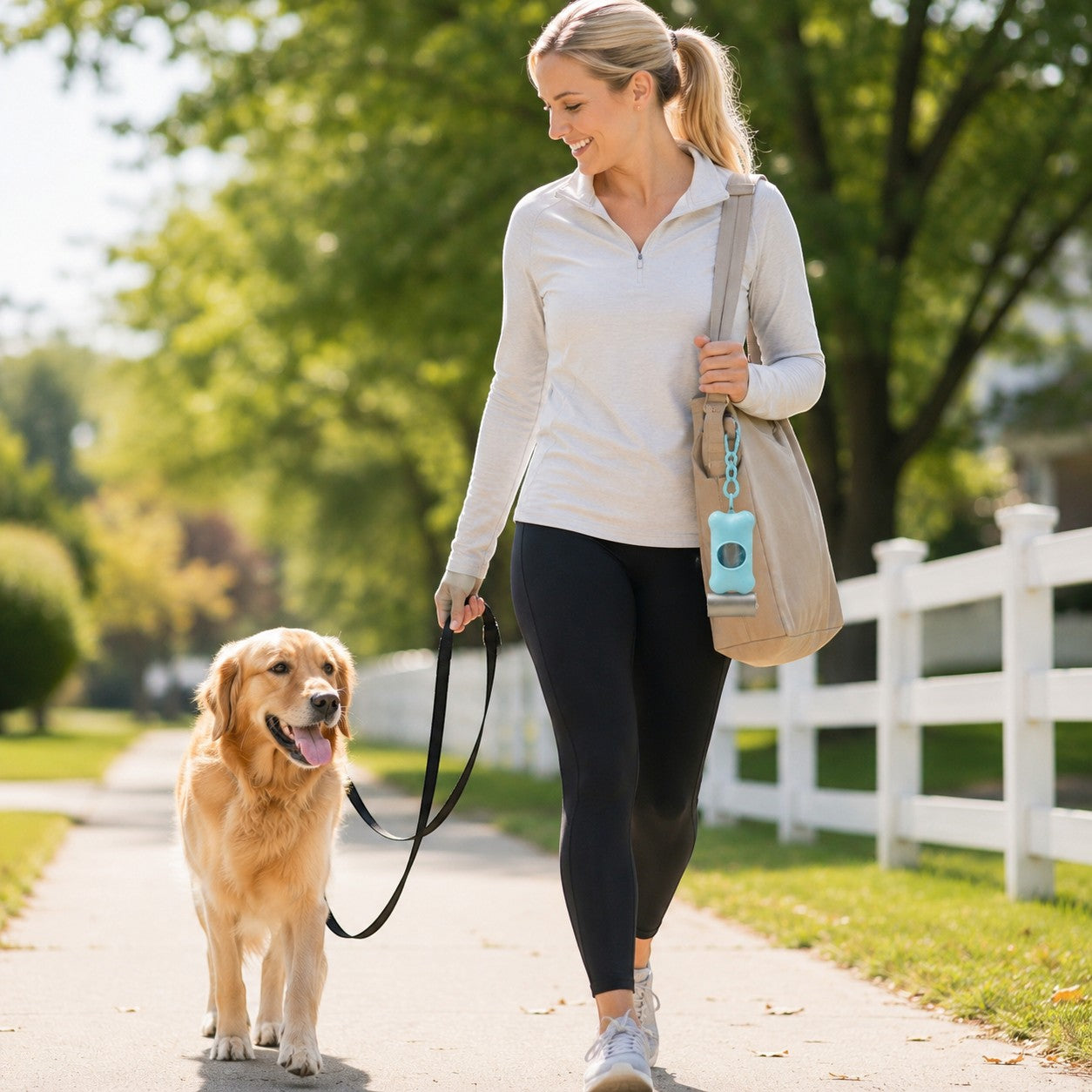 Tap2Own light blue bone-shaped dog waste bag dispenser clipped to a tote bag, with a woman walking a golden retriever.