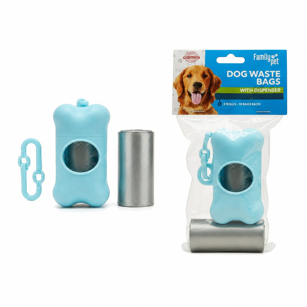 Tap2Own Family Pet light blue bone-shaped dog waste bag dispenser with leash clip and refill roll.